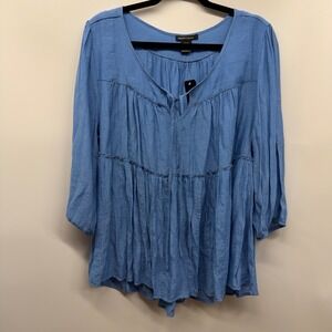 Robert Louis Blue Rayon‎ Blend Boho Peasant Top Blouse Tunic XL Babydoll Tiered